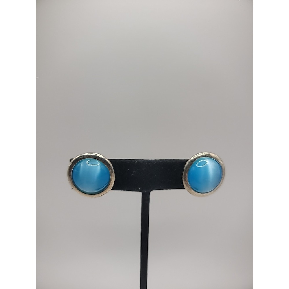 Vintage Earrings Clip‎ On Blue Stone Round Silver Tone Jewelry Costume